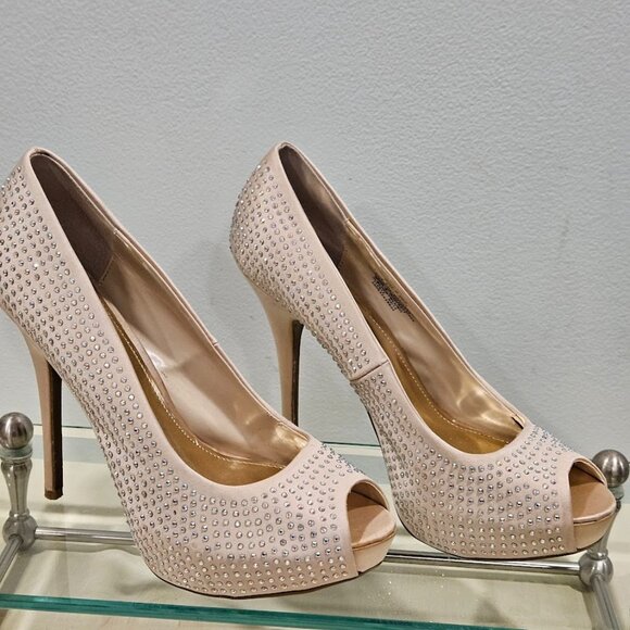 Jennifer Lopez  JLBlingy Blush Peep Toe Platform Heel Rhinestones Size 8 1/2 M - Picture 1 of 15
